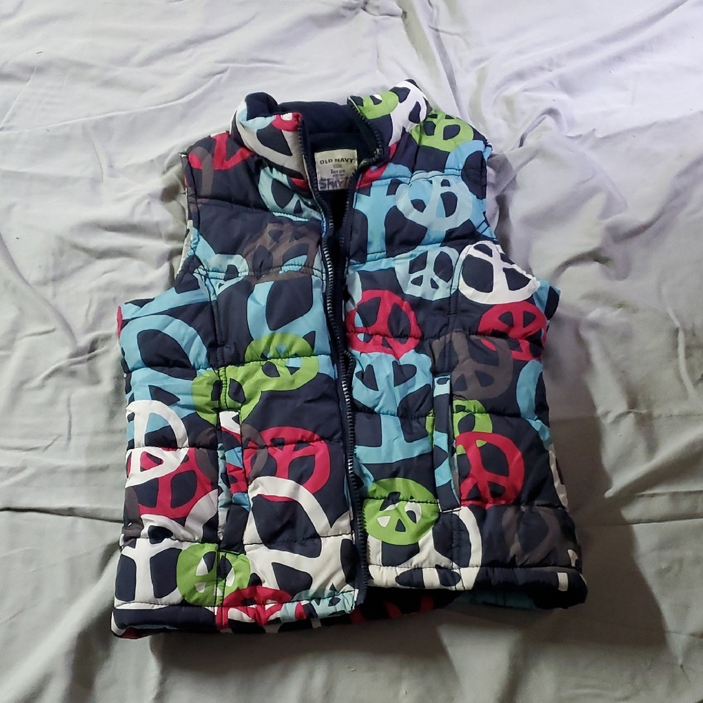 Old Navy Multicolor Puffer Vest with Peace Signs